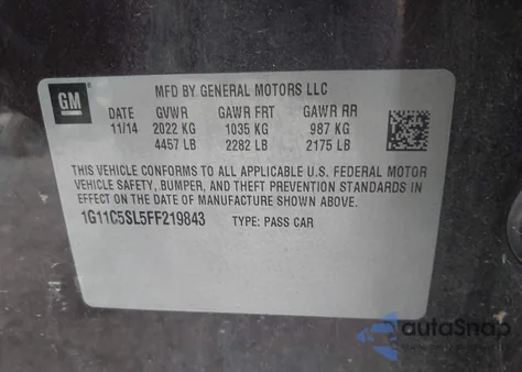 2015 Chevrolet Malibu 1Lt from USA, damaged, VIN 1G11C5SL5FF219843
